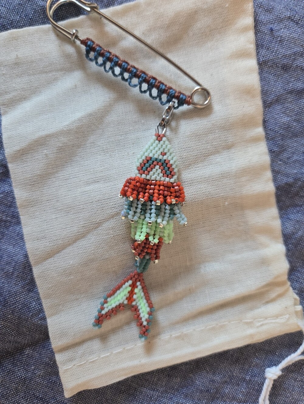 New Handmade Miyuki Bead-Woven Fish on a Safety Pin with Micro-Macramé